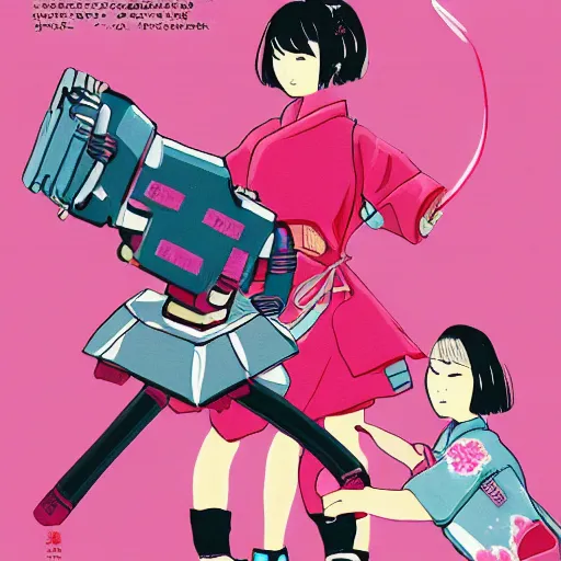 Image similar to a japanese woman battles pink robots, illustrated, detailed