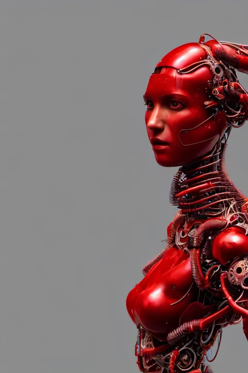 Prompt: a statue made of red marble, of an beautiful girl, full body shot, perfect body, red white biomechanical, inflateble shapes, wearing epic bionic cyborg implants, masterpiece, intricate, biopunk futuristic wardrobe, vogue, highly detailed, artstation, concept art, background galaxy, cyberpunk, octane render