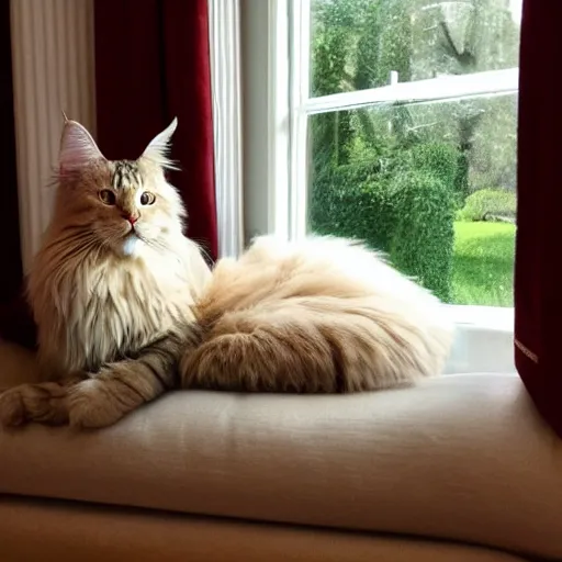 Image similar to cream color maine coon cat curled up, bay window sofa, in style of Blanchard Antoine