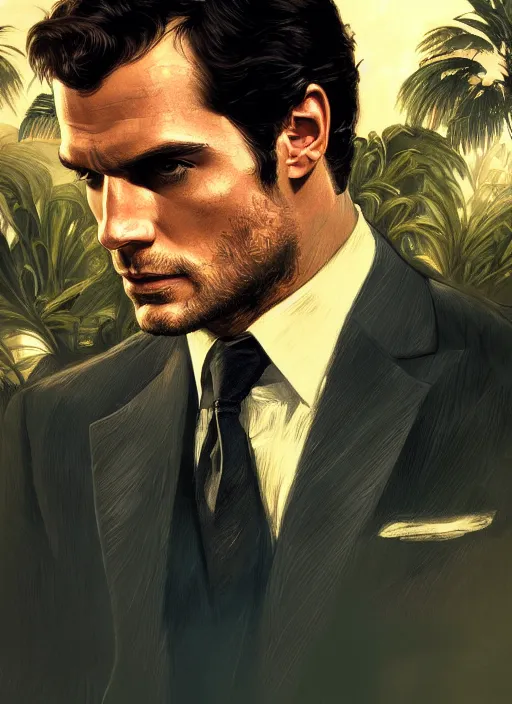 Image similar to portrait of henry cavill as james bond, key art, palm trees, vintage aston martin, highly detailed, digital painting, artstation, concept art, cinematic lighting, sharp focus, illustration, by gaston bussiere alphonse mucha