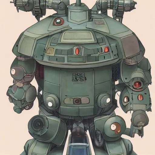 Image similar to a beautiful movie still in the style of Studio Ghibli anime showing a cute tank mecha with arms fighting an Alien from Aliens (1986). Studio Ghibli, aerial photography, wide angle lens, trending on artstation, trending on behance