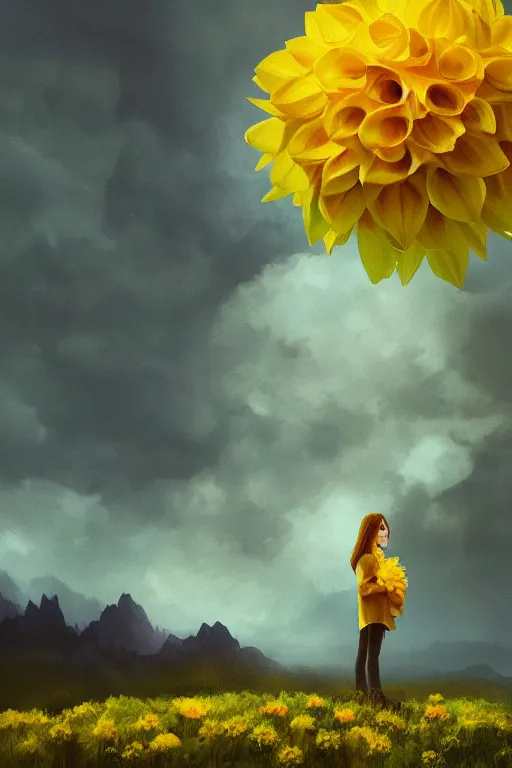 Image similar to closeup girl with huge yellow dahlia flower face, intricate, standing on mountain, surreal photography, blue storm clouds, dramatic light, impressionist painting, digital painting, artstation, simon stalenhag