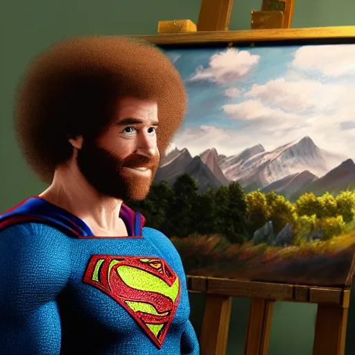 Image similar to a closeup photorealistic photograph of bob ross working on a canvas painting of superman. film still. brightly lit scene. mountains and trees. this 4 k hd image is trending on artstation, featured on behance, well - rendered, extra crisp, features intricate detail, epic composition and the style of unreal engine.