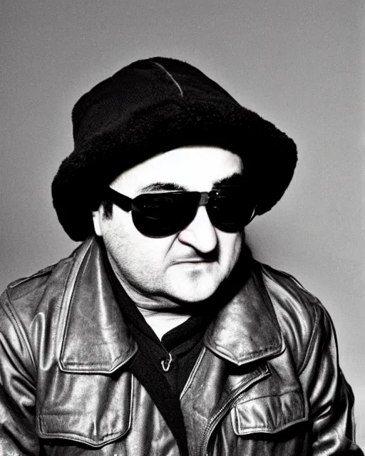 Image similar to headshot of john belushi wearing a leather ushanka and aviator goggles, he is also wearing an a 2 flight jacket, a long white scarf is wrapped around his neck, he has a 5 o'clock shadow, a crazed angry look on his face