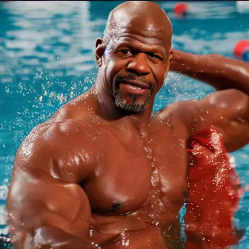 Image similar to terry crews swimming in a pool, the pool is made of salsa, cinematic lighting