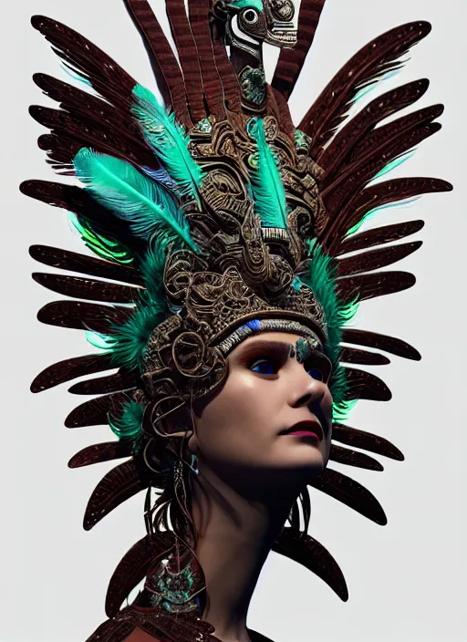 Image similar to 3 d goddess profile portrait. beautiful intricate highly detailed quetzalcoatl mask and feathers. ahuizotl, atotolin, bioluminescent, plasma, lava, ice, water, wind, creature, thunder clouds, artwork by tooth wu and wlop and beeple and greg rutkowski, 8 k trending on artstation,