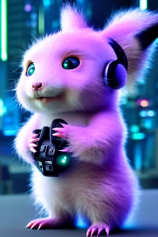 Image similar to high quality 3 d render neo - cyberpunk very cute half fluffy! wombat!! half cyborg with futuristic headphones, pastel mechanical! paw, cyberpunk monocle!, highly detailed, unreal engine cinematic smooth, in the style of detective pikachu, hannah yata charlie immer, neon purple light, low angle, uhd 8 k, sharp focus