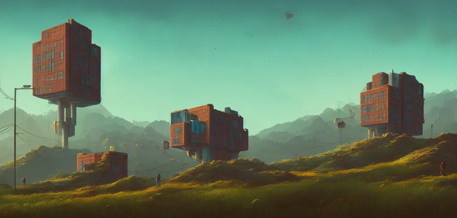 Image similar to a building in a stunning landscape in the style of simon stalenhag