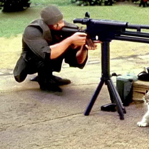 Prompt: a still of the cat shooting a m 6 0 machine gun from the buddy cop movie beverly hills cat 2, with eddie murphy