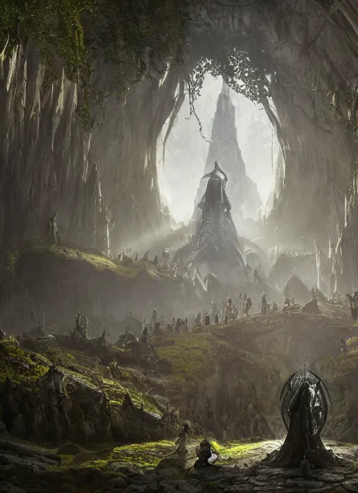 Prompt: medieval adventurer in lord of the rings scenery landscape, inside an enormous overgrown alien cathedral, huge statue of a dragon made of shiny obsidian in the distance, highly detailed, cinematic lighting, perfect composition, 4 k, gustave dore, derek zabrocki, greg rutkowski, octane render