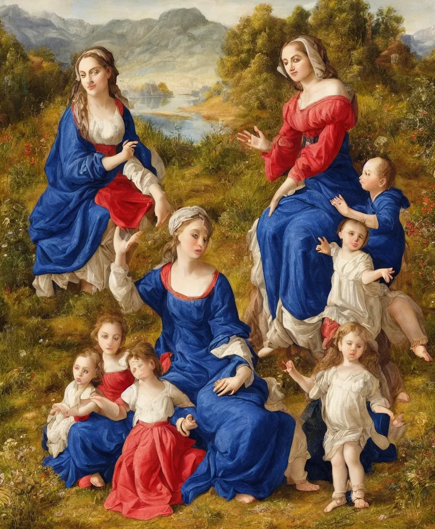 Prompt: Detailed Portrait of beautiful Madonna with two children playing in the style of Raffael. Children are very small and only cloth is blue linen. Madonna has a blue skirt and a red shirt. They are sitting in a dried out meadow. In the background, there is a lake with a town and mountains.