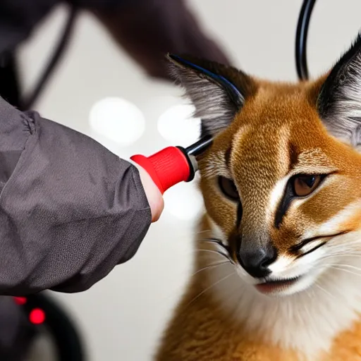 Image similar to doctor using a stethoscope to examine a cute fluffy caracal under bright operating room lights, closeup, wide angle, backlit