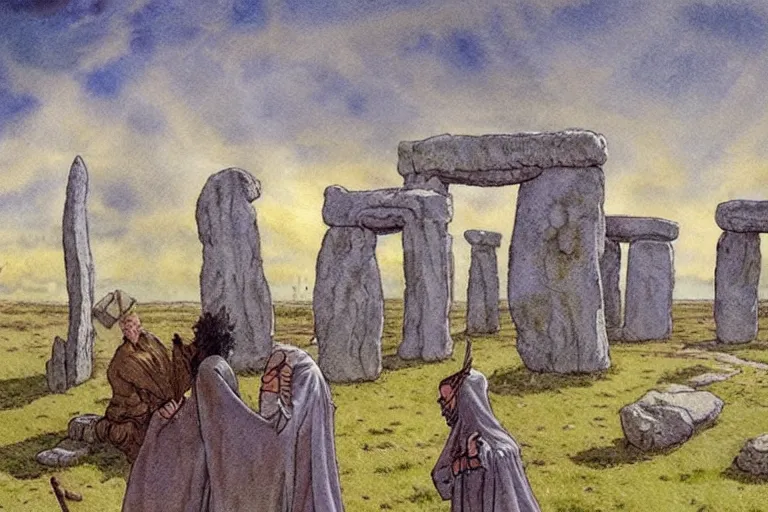 Image similar to a realistic and atmospheric watercolour fantasy concept art of a ufo landing in a tiny stonehenge. one dirty medieval monk in grey robes is pointing up at the ufo. muted colors. by rebecca guay, michael kaluta, charles vess and jean moebius giraud