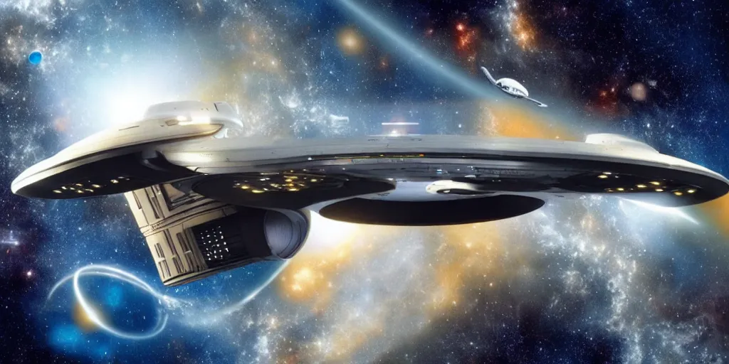Image similar to star trek`s enterprise spaceshipe flying in a starry outer space