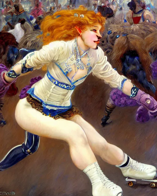 Prompt: white female anthro wolf skating at a roller derby, 4 k, furaffinity, trending on artstation, energetic, speed, motion blur, by gaston bussiere, sakimichan, j. c. leyendecker, gustav klimt, artgerm, greg rutkowski, alphonse mucha