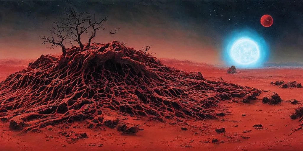 Prompt: supernova, alien surface planet covered with black tree roots, red desert mars, norilsk, painted by ruan jia, raymond swanland, lawrence alma tadema, zdzislaw beksinski, norman rockwell, jack kirby, tom lovell, alex malveda, greg staples, steve mccurry