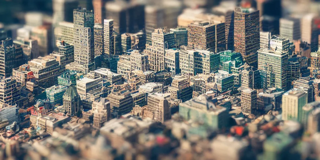 Image similar to a miniature diorama of downtown montreal, macro photography, tilt shift