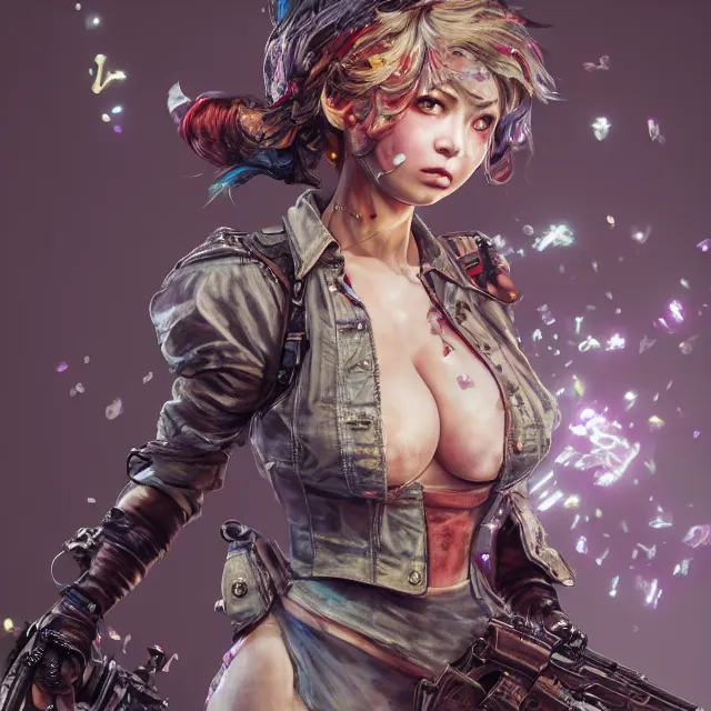 Prompt: the portrait of chaotic neutral colorful female gunner assassin as absurdly beautiful, gorgeous, elegant, playful, realistic young gravure idol, an ultrafine hyperdetailed illustration by kim jung gi, irakli nadar, highly detailed faces, intricate linework, octopath traveler, final fantasy, unreal engine highly rendered, global illumination, radiant light, detailed and intricate environment