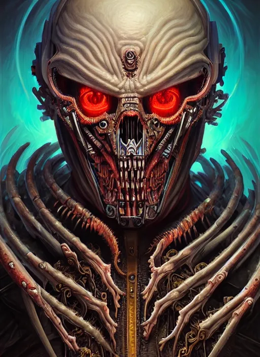 Image similar to hyper detailed ultra sharp painting of a undead biomechanical warrior trance man. trending on artstation, warpaint aesthetic, earthwave, colorful, psychedelic, ornate, intricate, digital painting, concept art, smooth, sharp focus, illustration, art by artgerm and greg rutkowski and h. r. giger, 8 k
