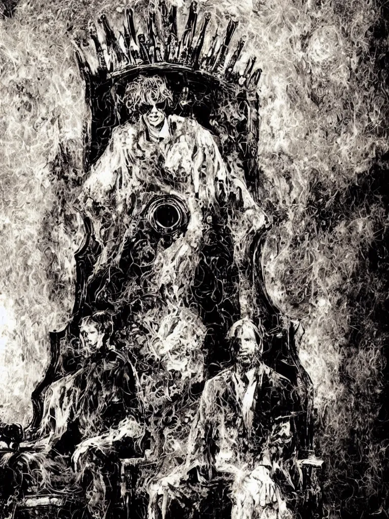 Image similar to portrait of king neil gaiman on his throne, mike dringenberg and dave mckean