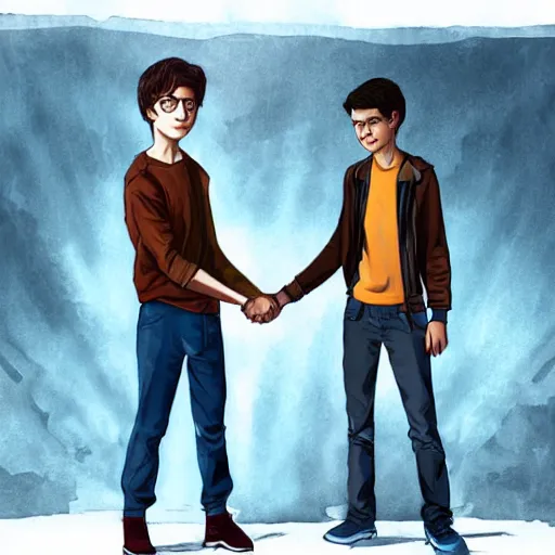 Prompt: Harry Potter and Percy Jackson shaking hands, digital art, art station, high quality, beautiful render, aesthetic