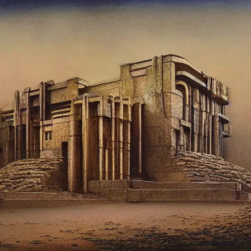 Prompt: painting of a scifi ancient civilzation victorian, brutalist architecture, beksinski