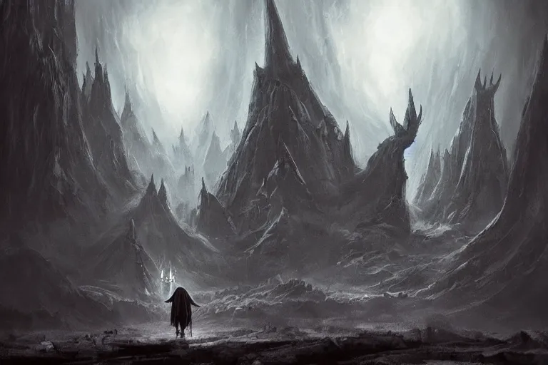 Image similar to concept art mood painting environment painting man walking towards minas morgul ominous dark spectral fortress lord of the rings. style of, ryan church, jon mccoy, george hull, painting