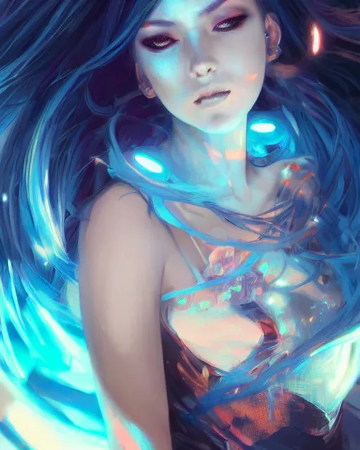 Image similar to stunningly beautiful female blue hair, dj sura, laser lights background, sharp focus, digital painting, 8 k, concept art, art by wlop, artgerm, greg rutkowski and alphonse mucha