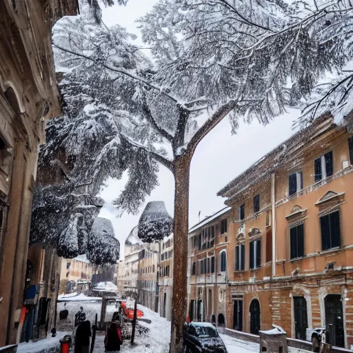 Prompt: The city of Rome under the snow on August. Although it's summer, it's snowing everywhere on the entire cityscape of Rome