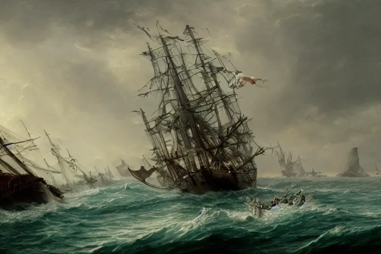 Image similar to Giant squid attempts to pull a ship into the ocean with it's tentacles . . painting by Louis Philippe Crepin. smoke and flashes . 8k octane beautifully detailed render, post-processing, extremely hyper-detailed, intricate, epic composition, highly detailed attributes, highly detailed atmosphere, cinematic lighting, masterpiece.