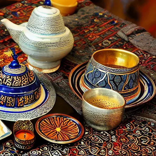 Image similar to Arabic calligraphy, Moroccan tea set, by pollock