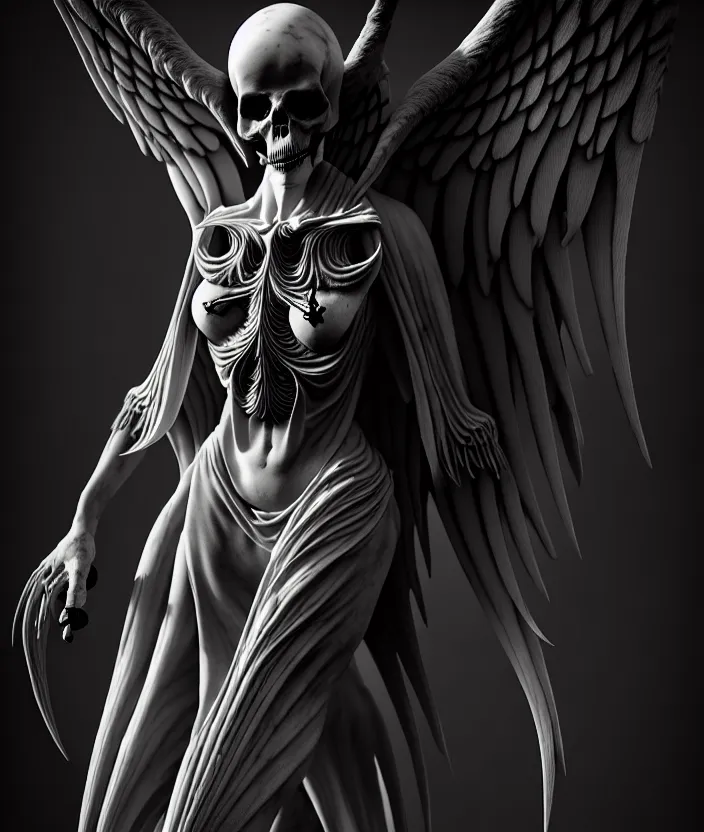 Image similar to intricate detail of angel of death, highly detailed, hollow marble, shadows, octane render, marble texture, high detail, warm lighting, volumetric, godrays, vivid, beautiful, neo - gothic, gothic, character concept design