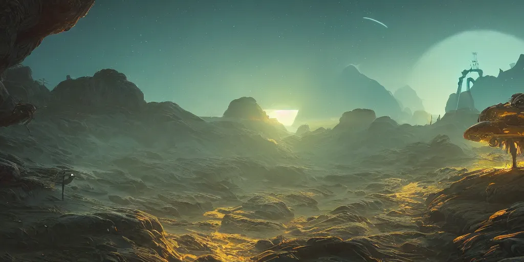 Image similar to an amazing alien landscape, digital art, breathtaking, extremely detailed, digital paintinghyperrealistic, dynamic lighting, particles, unreal engine, simon stålenhag, rendered by Beeple, Makoto Shinkai, syd meade, simon stålenhag, environment concept, trending on artstation, octane render, 4K UHD image