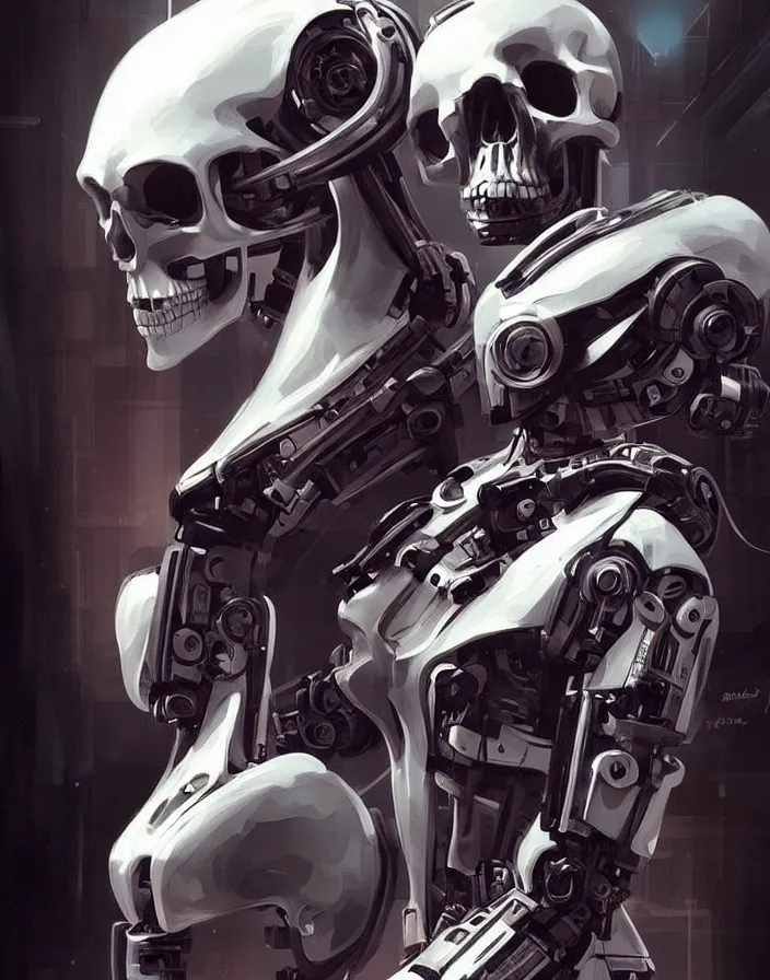 Image similar to skull - headed robot cyborg painting, illutstration, concept art, cyberpunk, futurism, comics art, artgerm, full body shot, wide angle