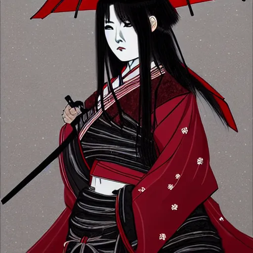 Image similar to seductive female samurai, in the rain, highly detailed, painting, dark red and black color palette, intricate, high quality, anime artstyle, in the style of sana takeda