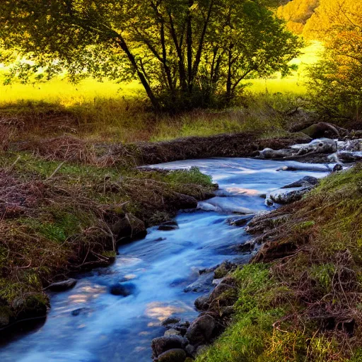 Image similar to landscape photography, warm sun, cozy stream, cows on the meadow, 4k