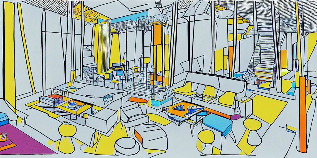 Prompt: modernist interior, seen from above, by René Laloux, line brush, minimal line drawing, full colour, coloured background