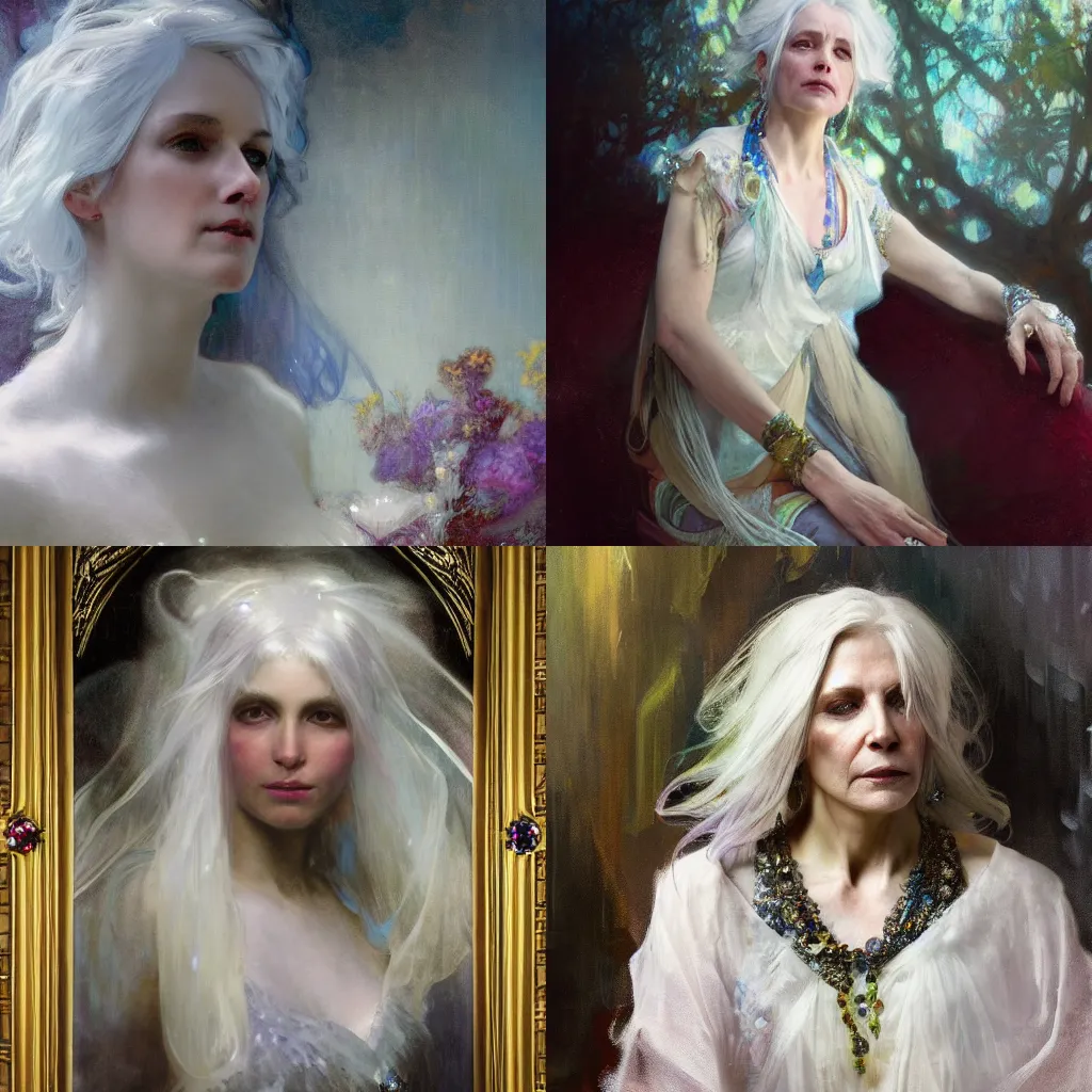 Prompt: a beautiful white haired woman, adorned with precious stones by jeremy mann and alphonse mucha, dramatic lighting, ethereal, 4 k, high detail