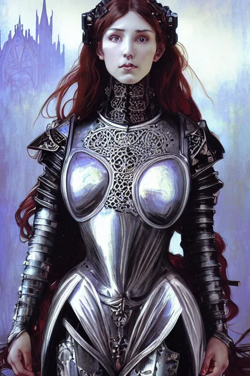 Image similar to beautiful victorian and luxury and goddess and gothic female medieval Black armor knight portrait+shiny eyes+front face with light flowing hair, ultradetail face, ruined gothic cathedral, art and illustration by tian zi and craig mullins and WLOP and alphonse mucha, ssci-fi, fantasy, intricate complexity, human structure, hypermaximalist, fantasy character concept, dynamic lighting, neon light, watermark, blurry, hyperrealism 8k