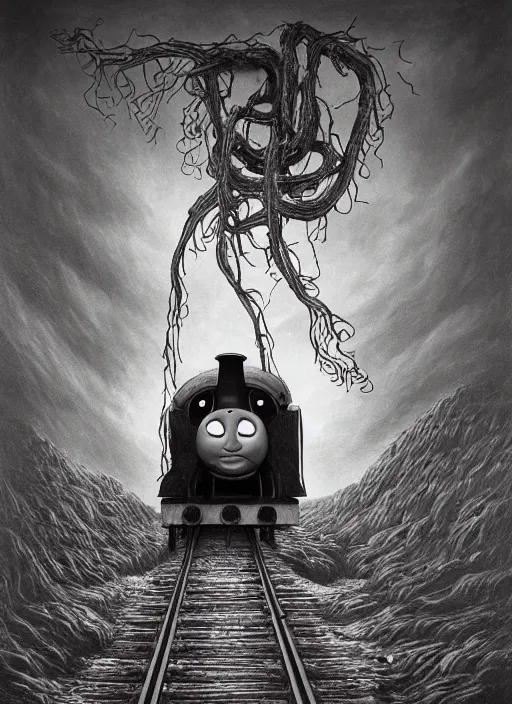 Image similar to thomas the tank engine in style of zdzisław beksinski, extremely dramatic lighting, 8 k, tendrils, black, darkness, black slime tendrils, infected, rust, body horror, thomas the train, thomas the tank engine face, horror,