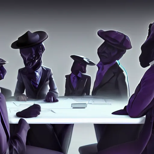 Image similar to HD render of shadow figures in suits sitting around a table in an occultic lair scheming and plotting, Ultra realistic digital art painting trending on artstation, photo realistic, black and purple colour scheme