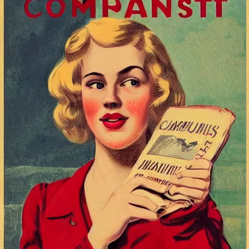 Prompt: portrait of a charming blonde young lady holding the communist manifesto in her hand, by james gurney, vintage poster style