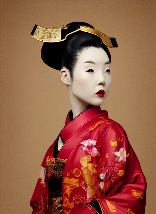 Prompt: portrait of a stylish futuristic geisha, with a red kimono with japanese golden signs written on it, kintsugi, modern fine art, fractal, intricate, elegant, highly detailed, digital photography, subsurface scattering, in the style of ghost, by jheronimus bosch and greg rutkowski,