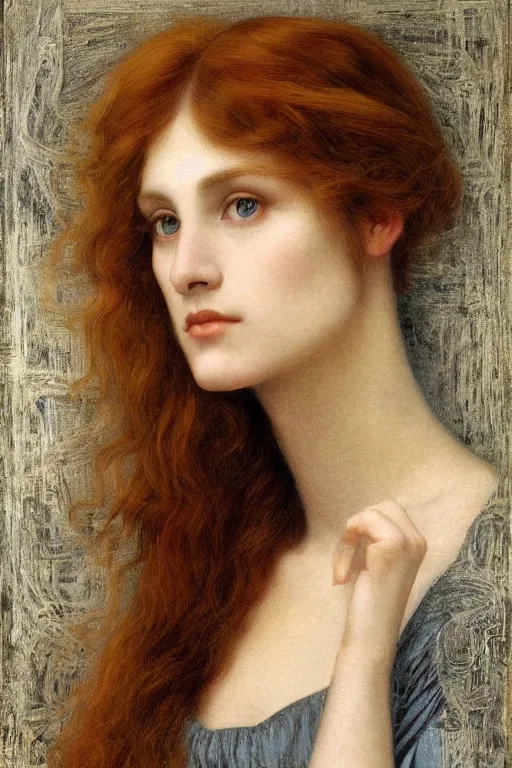 Prompt: Pre-Raphaelite portrait of a young beautiful woman with blond short-hair and grey eyes who works as an architect artwork by Edward Robert Hughes