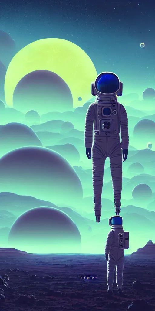 Image similar to a lonely astronaut on a amazing alien landscape and the universe, digital art, breathtaking, golden ratio, extremely detailed, establishing shot, hyperrealistic, cinematic lighting, particles, unreal engine, simon stålenhag, rendered by Beeple, Makoto Shinkai, syd meade, simon stålenhag, Ruan Jia, Kentaro Miura, environment concept, artstation, octane render, 4K UHD image