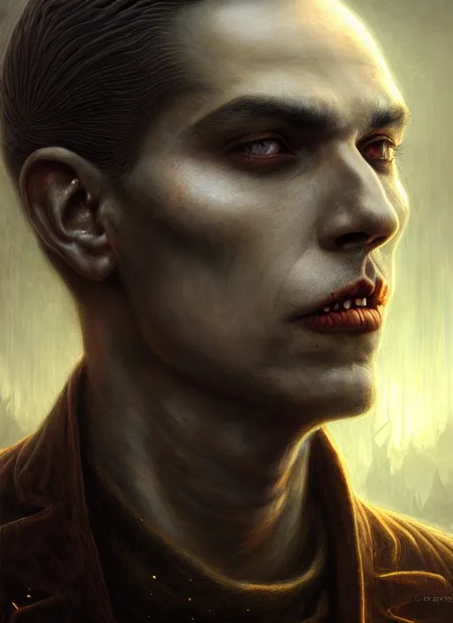 Prompt: closeup portrait shot of a male vampire in a scenic dystopian environment, intricate, elegant, highly detailed, centered, digital painting, artstation, concept art, smooth, sharp focus, illustration, artgerm, tomasz alen kopera, peter mohrbacher, donato giancola, joseph christian leyendecker, wlop, boris vallejo