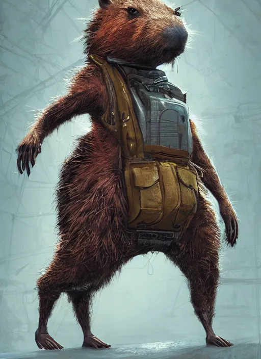 Prompt: detailed full body concept art illustration oil painting of an anthropomorphic capybara cab driver in full intricate clothing, biomutant, dystopian future, ultra detailed, digital art, octane render