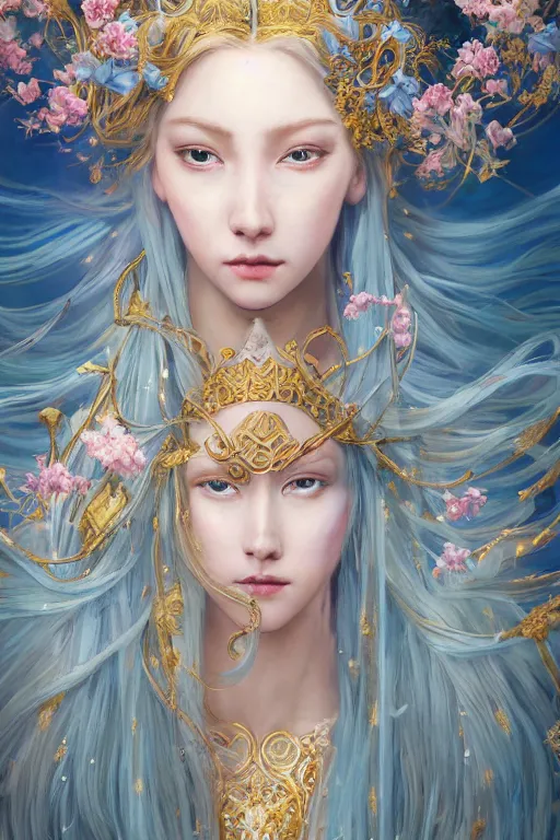 Image similar to breathtaking detailed soft painting of a knight queen with long flowing blue hair, pastel flowers petals and golden ribbons flying, art by pilyeon and yuumei art, symmetrical facial features, at dawn in front of a pristine golden art nouveau cathedral, elegant, volumetric lighting, highly detailed, artstation, concept art, matte, sharp focus,