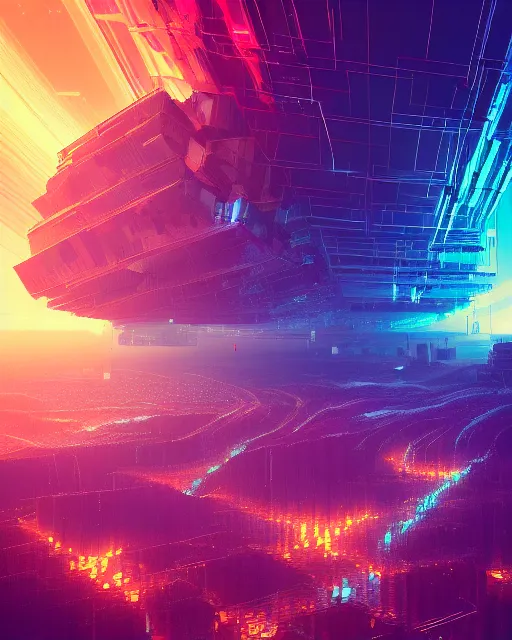 Image similar to Digital world, simulation theory, glitching, scifi, global illumination, unique landscape, fine details, perfect, 8k high detail, masterpiece, trending on ArtStation, by Alena Aenami, Petros Afshar, Liam Wong