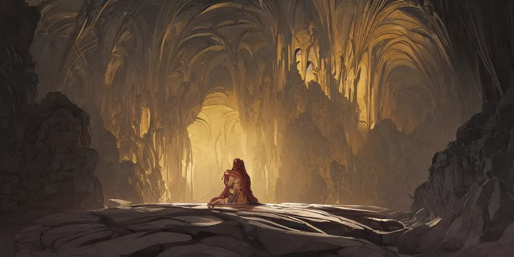 Image similar to dark sacred spaces, cave, intricate, highly detailed, digital painting, artstation, concept art, smooth, sharp focus, illustration, Unreal Engine 5, 8K, art by artgerm and greg rutkowski and alphonse mucha, by Jesper Ejsing, by RHADS, Makoto Shinkai and Lois van baarle, ilya kuvshinov, rossdraws